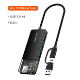 CABLETIME- 4-IN-1 USB A+C to USB 3.0 HUB Input: USB C+ USB A; Output: 4×USB-A 3.0 5Gbps; Material: ABS+Acrylic, SKU-CT-HUBT3-PB